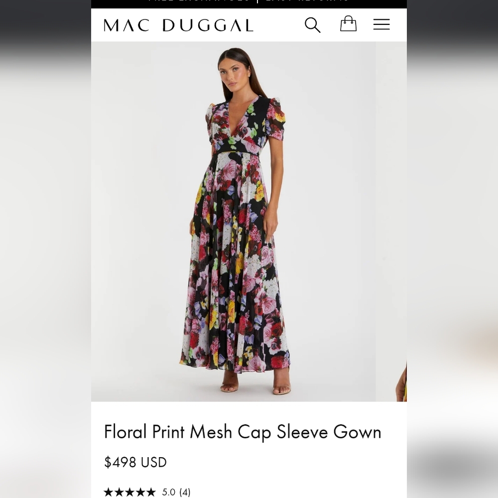 Ieena for Mac DuggalBlack Floral Print Mesh Short Sleeve Gown, Sizee 6 Worn Once - Picture 3 of 15